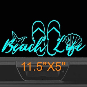 Cute beach life flip flops and shells graphic, car, truck, window decal, golfcart sticker, coastal decor, summer vibes, car accessories.