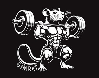May include: A white vinyl decal of a muscular rat lifting a barbell with the text "Gym Rat" underneath. The decal is 9.5 inches by 8 inches.