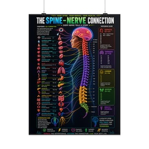 May include: A black educational poster titled THE SPINE-NERVE CONNECTION featuring a side profile of a human silhouette with a color-coded spine and brain. It displays nerve pathways connecting to various organs with detailed anatomical text labels.