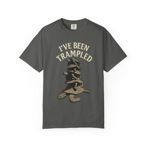 May include: Dark gray t-shirt featuring a stack of turtles, with the text "I'VE BEEN TRAMPLED" in a vintage style font. The graphic shows a large turtle at the bottom supporting a tower of smaller turtles. The shirt has a crew neck and short sleeves.