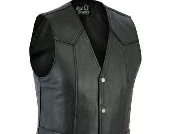 Mens Leather Black Motorcycle Biker Style Vest Waistcoat - B15-Blk