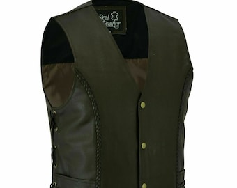 Men's Brown Leather Western Genuine Classic Biker Vest Waistcoat With Side Laces