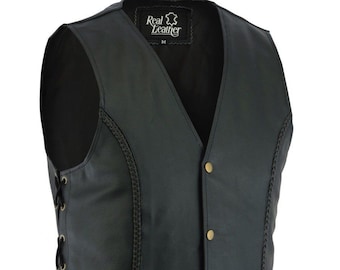 Mens Real Genuine Leather Biker Braided Vest Waistcoat With Side Laces