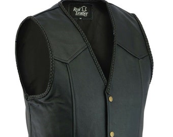 Mens Genuine Black Leather Classic Motorcycle Biker Style Waistcoat Vest Plain