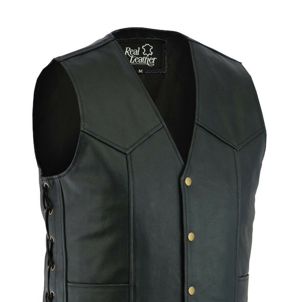 Mens Black Leather Motorcycle Vest For Bikers Braided Waistcoat With Side Laces