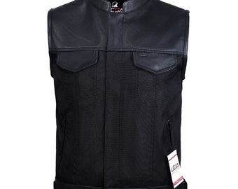 Mens Cordura Biker Leather Motorcycle Waistcoat/Vest Black Real Leather Trim SOA Style