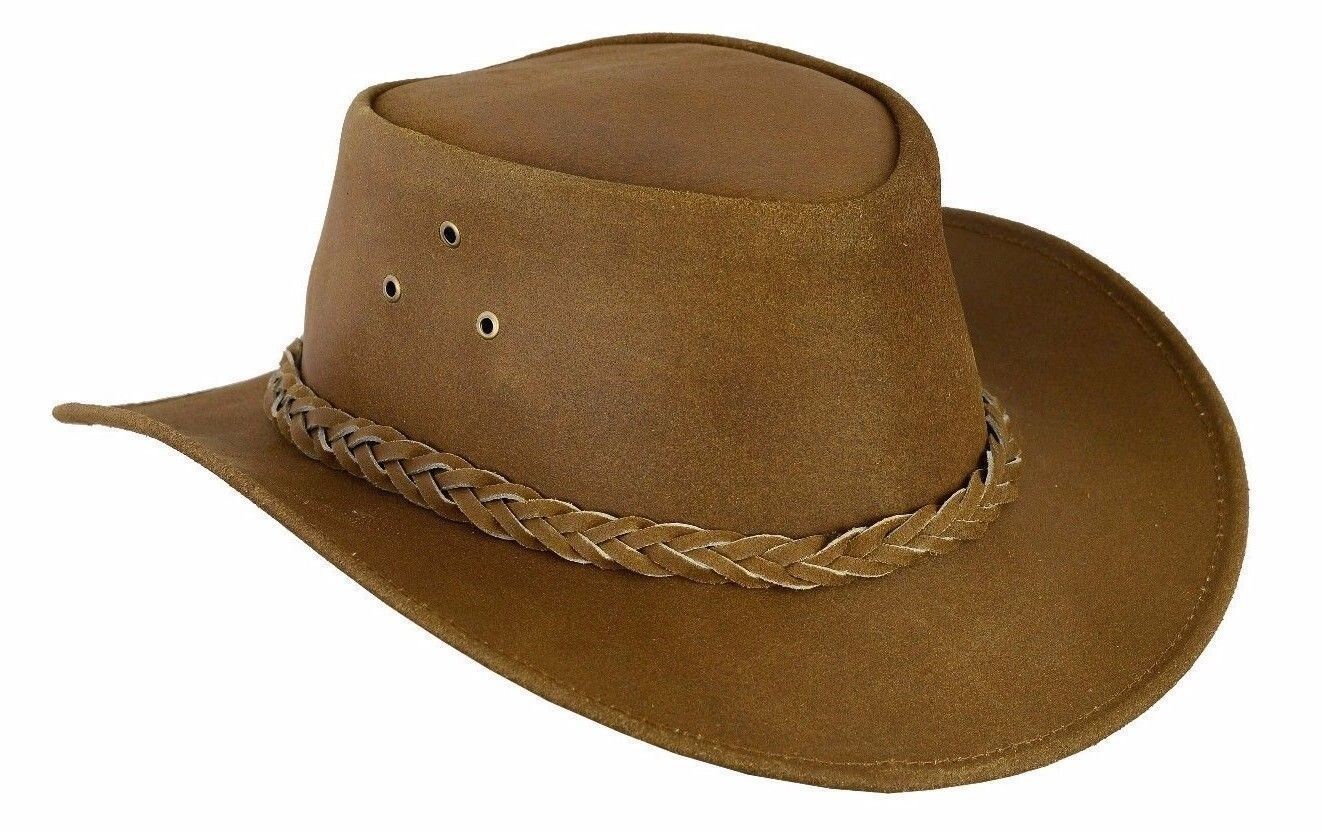 Australian Black Brown Western Style Cowboy Outback Real Leather Aussie Bush Hat 
