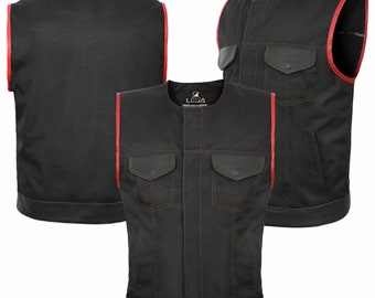 Son Of Anarchy Style Cordura Biker Waistcoat/ Vest Real Genuine Leather Red Trim