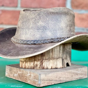 Men's Real Leather Western Crazy Vintage Antique Cowboy Tan Hats zdjęcie 4