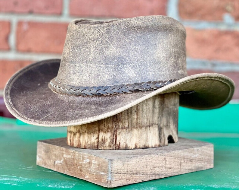 Men's Real Leather Western Crazy Vintage Antique Cowboy Tan Hats zdjęcie 4