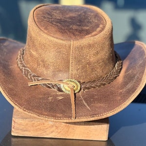 Men's Real Leather Western Crazy Vintage Antique Cowboy Tan Hats zdjęcie 3