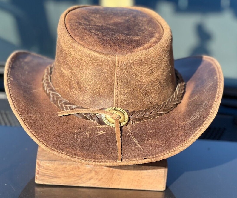 Men's Real Leather Western Crazy Vintage Antique Cowboy Tan Hats zdjęcie 3