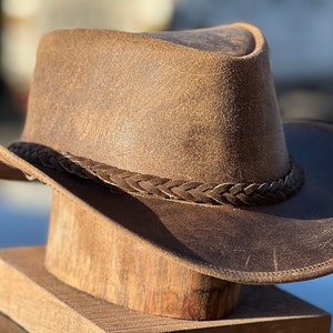 Men's Real Leather Western Crazy Vintage Antique Cowboy Tan Hats zdjęcie 1