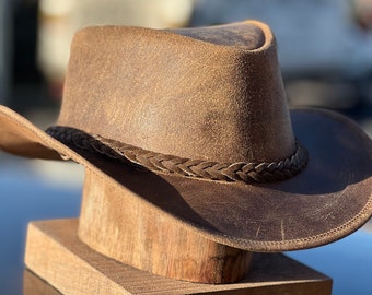 Men's Real Leather Western Crazy Vintage Antique Cowboy Tan Hats Unisex