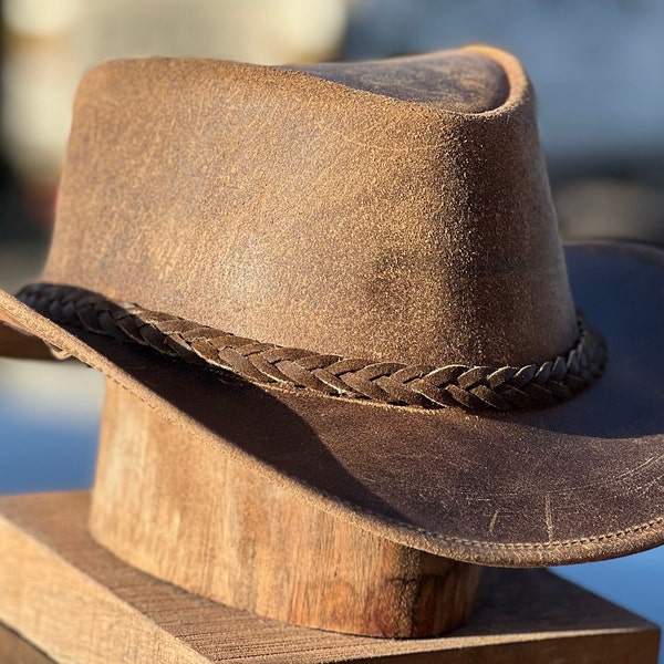 Men's Real Leather Western Crazy Vintage Antique Cowboy Tan Hats Unisex