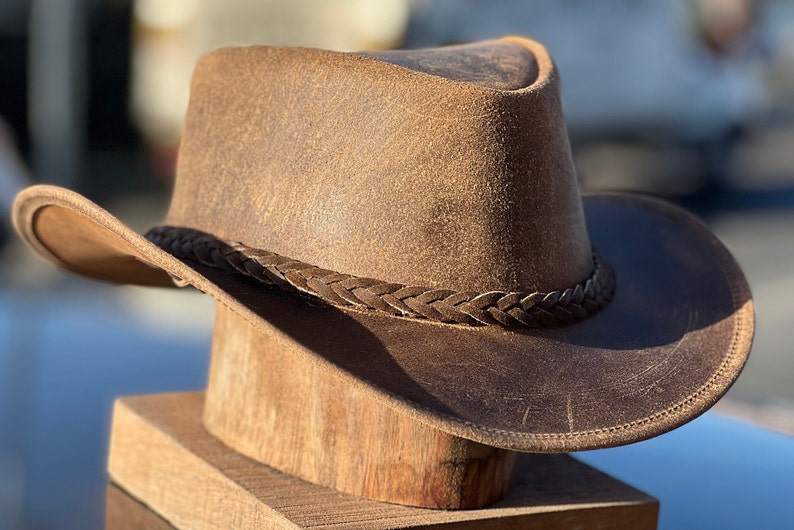 Chapeau de cow-boy western vintage Crazy vintage en cuir véritable homme havane image 1