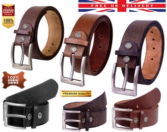 Leather Mens Belt New Genuine Buckle Trouser Sizes