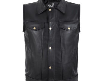 Men's Collar Formal Casual Biker Club Waistcoat Vest Genuine Cowhide Leather