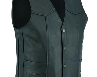 Men's Genuine Leather Motorcycle Biker Style Black Waistcoat/Vest Buffalo buttons