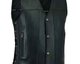 Men Real Leather Biker Style Waistcoat With Laces Black Genuine Leather Motorcycle Vest