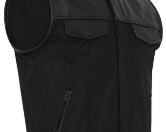 Mens Cordura Fabric Club Denim Motorcycle Vest Genuine Leather Cut-Off Waistcoat