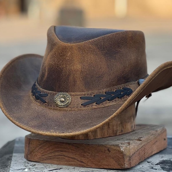 Men's Real Leather Australian Western Cowboy Style Tan Crazy Horse Bush Hat