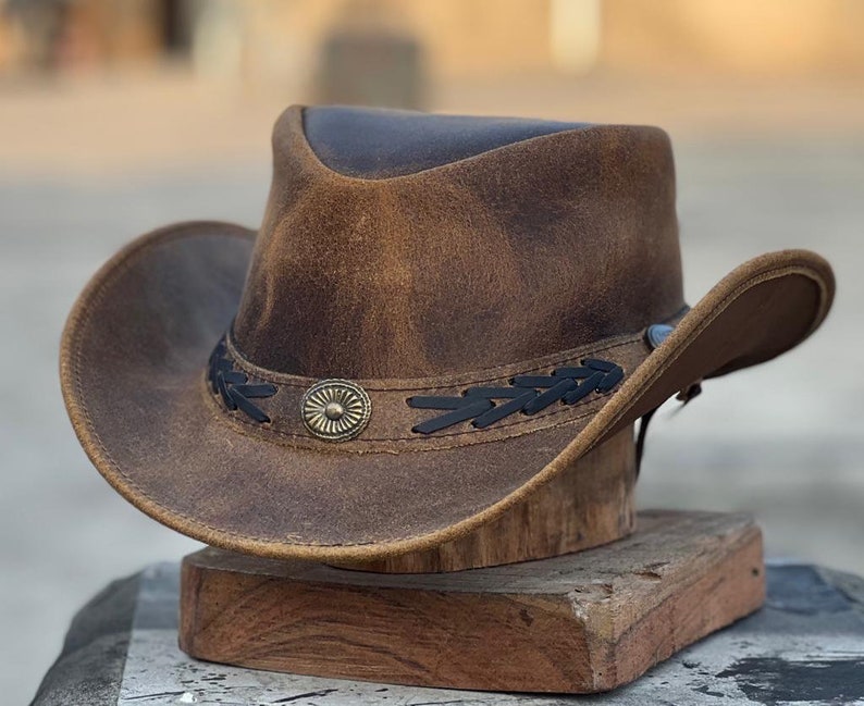 Sombrero de cuero auténtico estilo vaquero occidental australiano para hombre, color marrón, Crazy Horse Bush imagen 1