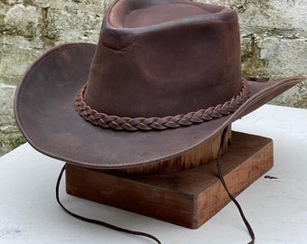 Chapeau fou de cow-boy occidental australien tressé en cuir véritable pour homme, couleur vintage