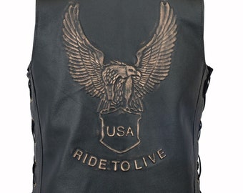 Men's Genuine Real Leather Biker Motorcycle Waistcoat Embellished Eagle Vest