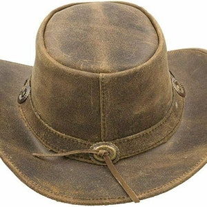 Men's Real Leather Australian Western Cowboy Style Tan Crazy Horse Bush Hat zdjęcie 4