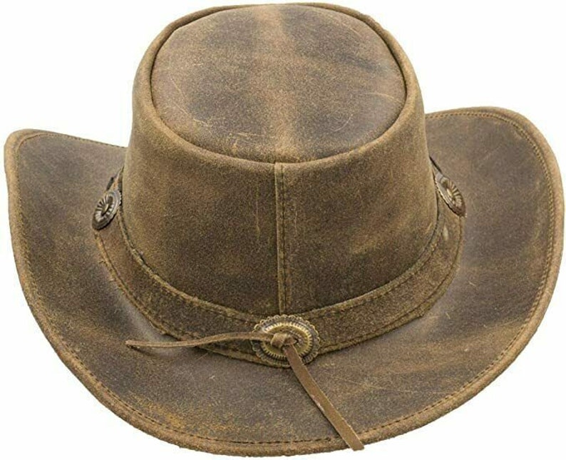 Men's Real Leather Australian Western Cowboy Style Tan Crazy Horse Bush Hat zdjęcie 4