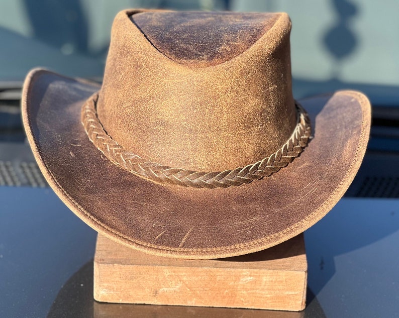Men's Real Leather Western Crazy Vintage Antique Cowboy Tan Hats zdjęcie 2