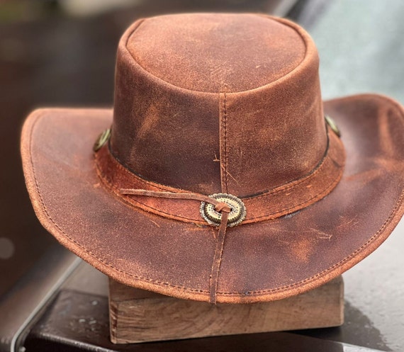 Men's Vintage Real Leather Australian Western Style Cowboy Outback Hat Wide Shapeable Brim