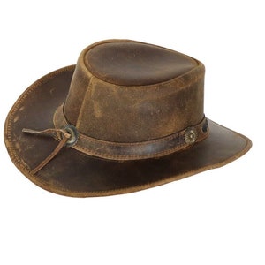 Men's Real Leather Australian Western Cowboy Style Tan Crazy Horse Bush Hat zdjęcie 5