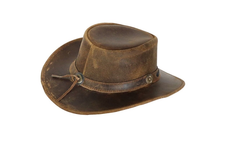 Men's Real Leather Australian Western Cowboy Style Tan Crazy Horse Bush Hats zdjęcie 5