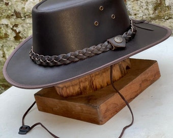 Australian Men's Vintage Western Style Full Grain Genuine Real Leather Cowboy Outback Hat Brown