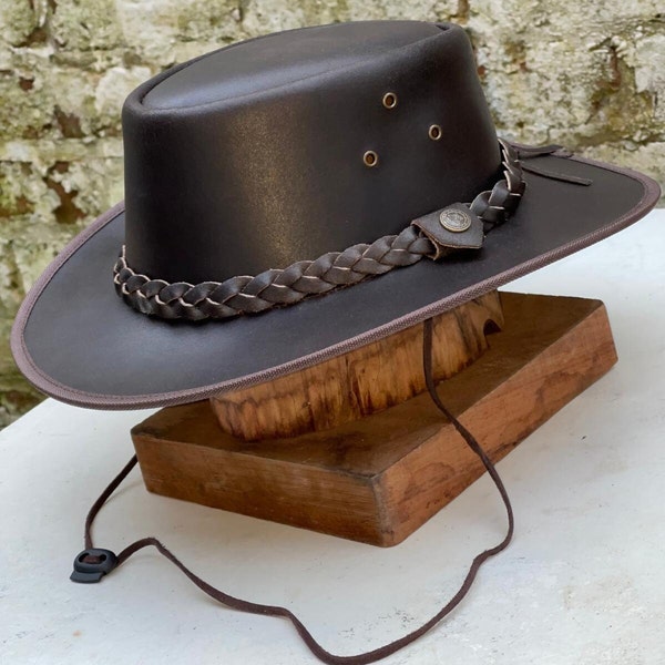 Australian Men's Vintage Western Style Full Grain Genuine Real Leather Cowboy Outback Hat Brown