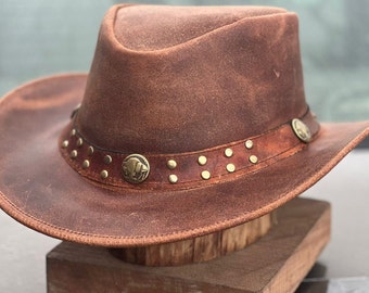 Chapeau de cowboy en cuir véritable de style western australien vintage pour homme, bord large et modelable