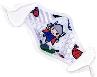 Maska na twarz dla dorosłych Kawaii Superhero | Biała, trójwarstwowa bawełna z drucikiem na nos