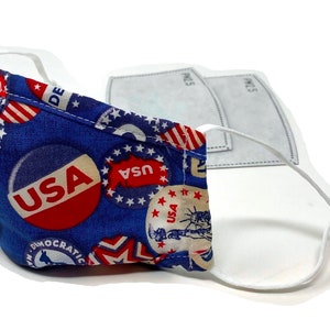 Democrat Buttons Vote Blue USA Stars Masque facial pour adulte avec pince-nez, bouche d&#39;aération et 2 filtres à charbon Maskara par BengC JAC17PDB