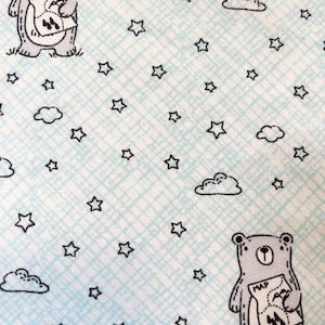 Wild Bear on Mint Nursery Fabric BTY | 42” width 100% Cotton | Bear with Map Star Clouds on Rough Grid