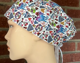Theme Park Lined Scrub Cap: Mickey & Minnie Unisex Cotton Surgical Hat