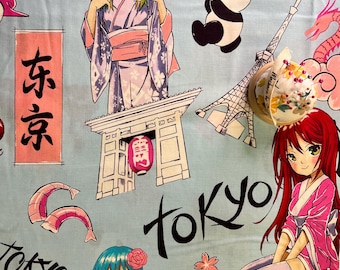 Tessuto Tokyo Dream Blue: ragazze kawaii, panda e origami - Alexander Henry Fabrics