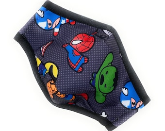 Maska na twarz Kawaii Superhero dla dorosłych: grafitowa, bawełniana, trójwarstwowa, z drucikiem na nos