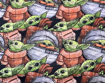 Child Warrior Cotton Fabric: Green Baby Character Print | By The HALF YARD