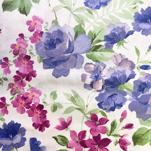 Large Purple Flowers Fabric BTY | 44” width 100% Cotton | Floral Watercolor Violet Roses Green Leaves Small Red Pink Flowers