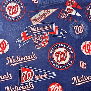 Washington Nationals MLB Fabric: Vintage Pennants on Navy Cotton