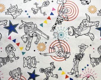 Toy Story 4 Character Toss Cotton Fabric | Grayish White | By the HALF YARD