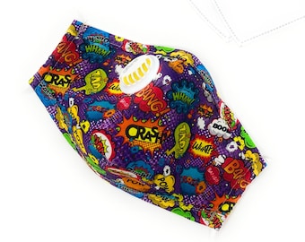 Comic Strip Sound Effect Bubbles Face Mask: Cotton, Nose Clip, Breathing Vent + Filters