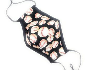 Baseball Black Adult Face Mask | Triple Layer Cotton with Nose Clip